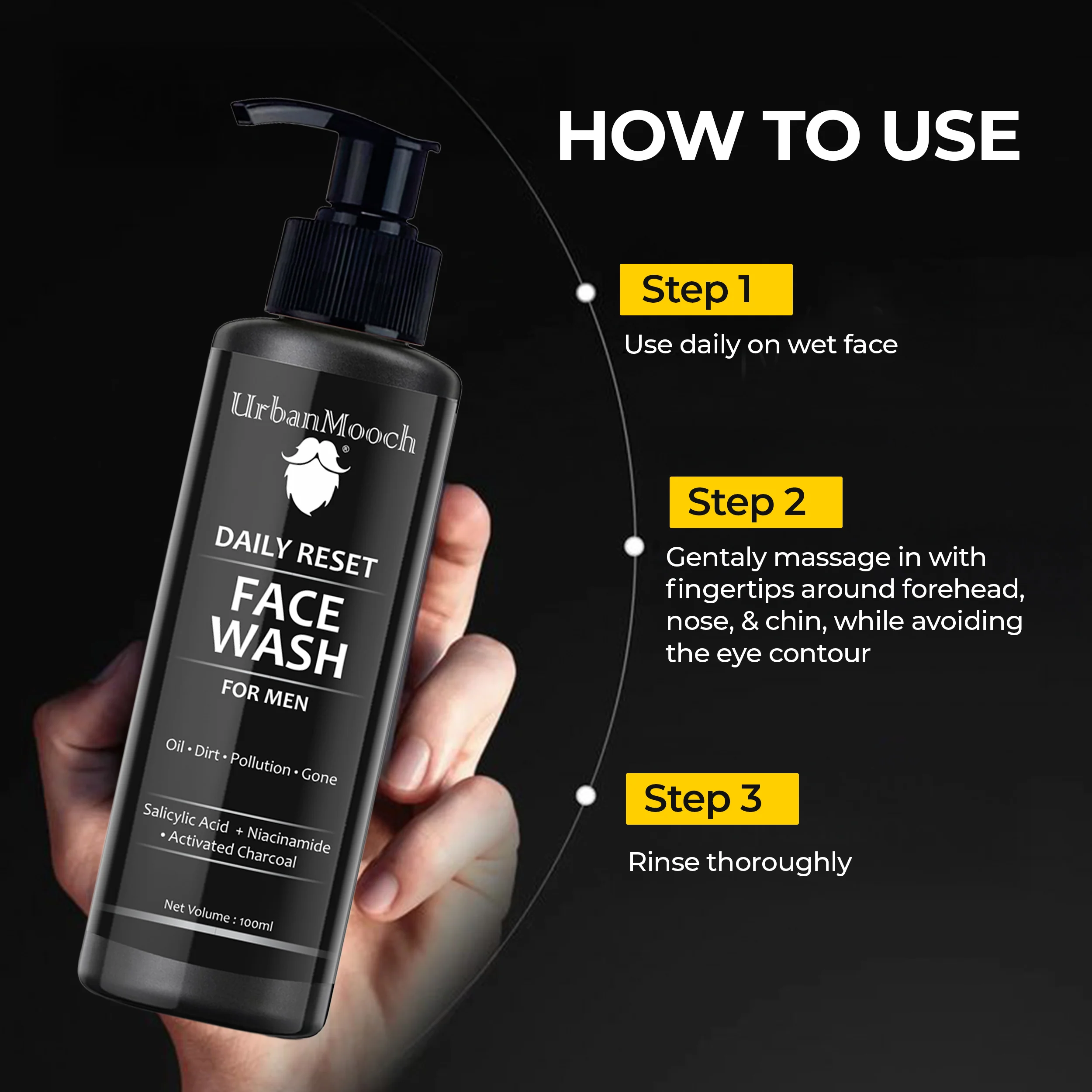 UrbanMooch Daily Reset Face Wash for Men with Charcoal, Salicylic Acid & Niacinamide – Gel Based Oil Control Cleanser - Image 4